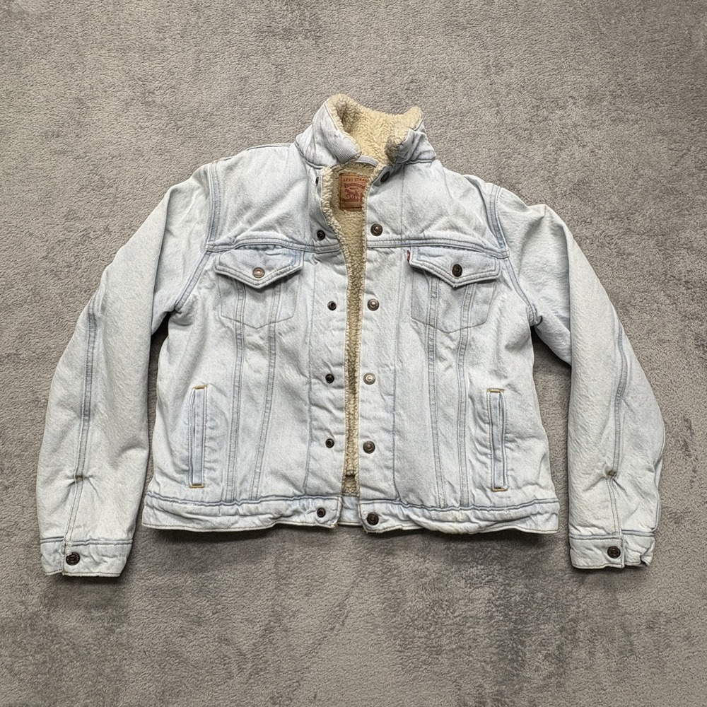 Levi Jacket Womens Large Light Wash Sherpa Lined Denim‎ Trucker Coat Blue